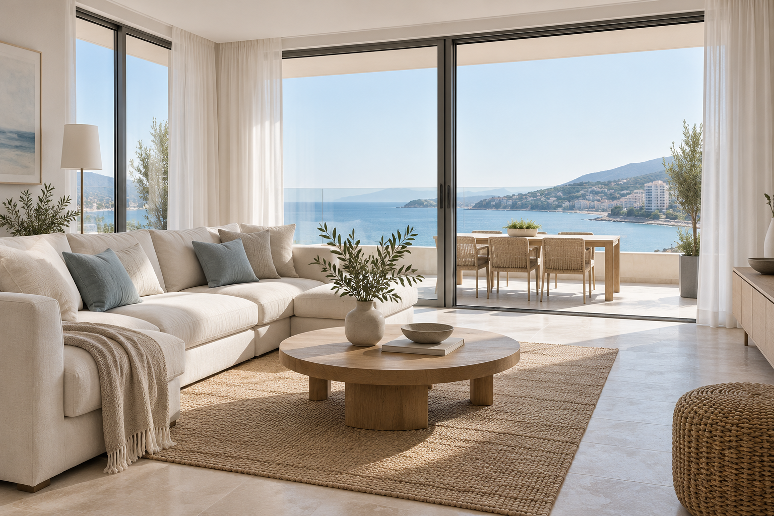Illustrative sunlit apartment interior by the coast